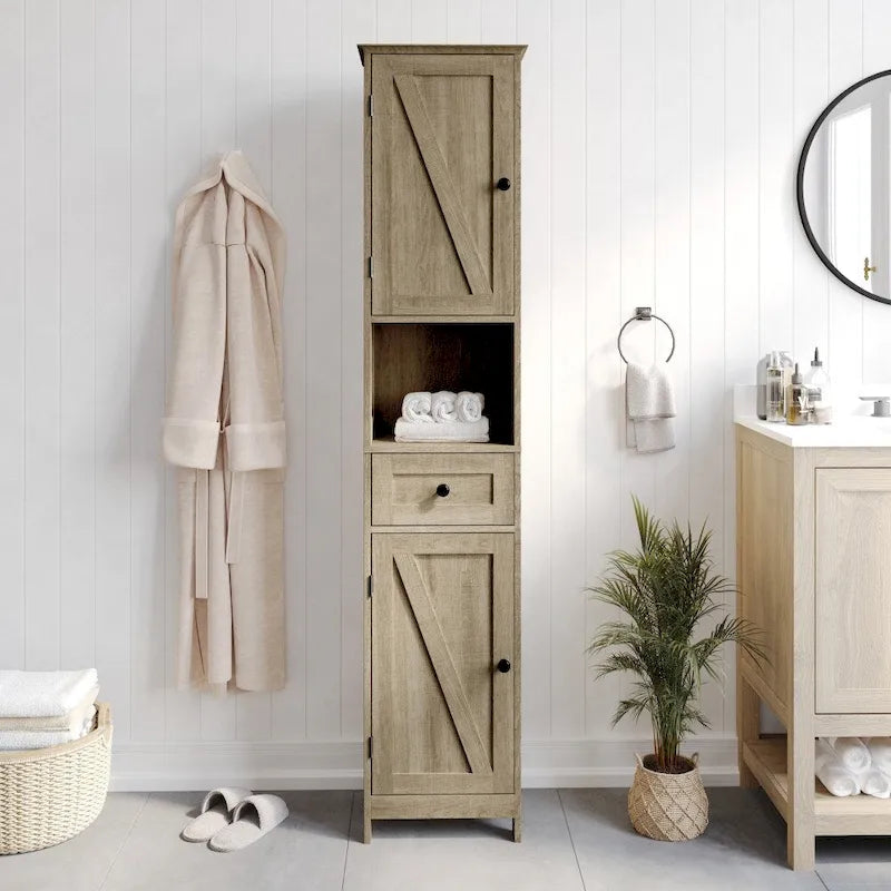 Farmhouse Freestanding Linen Tower with Shelves, Drawer, and Doors