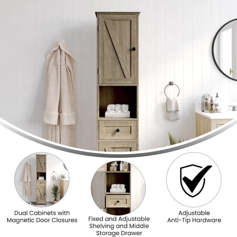 Farmhouse Freestanding Linen Tower with Shelves, Drawer, and Doors
