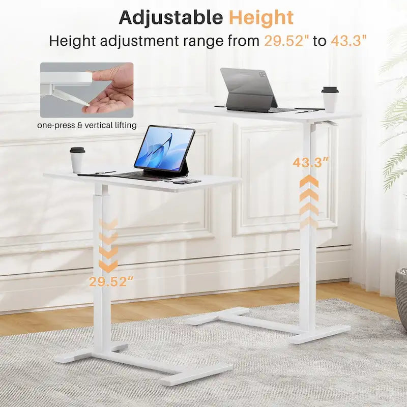 Mobile Standing Desk with Wheels Pneumatic Laptop Desk Rolling Computer Cart Movable Height Adjustable Small Stand Desk Home