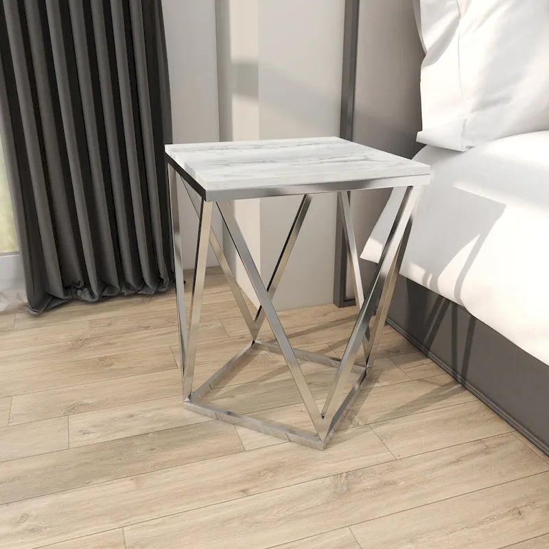 Stainless Steel Metal Side End Accent Table with Marble Top - Silver - Roche River Decor