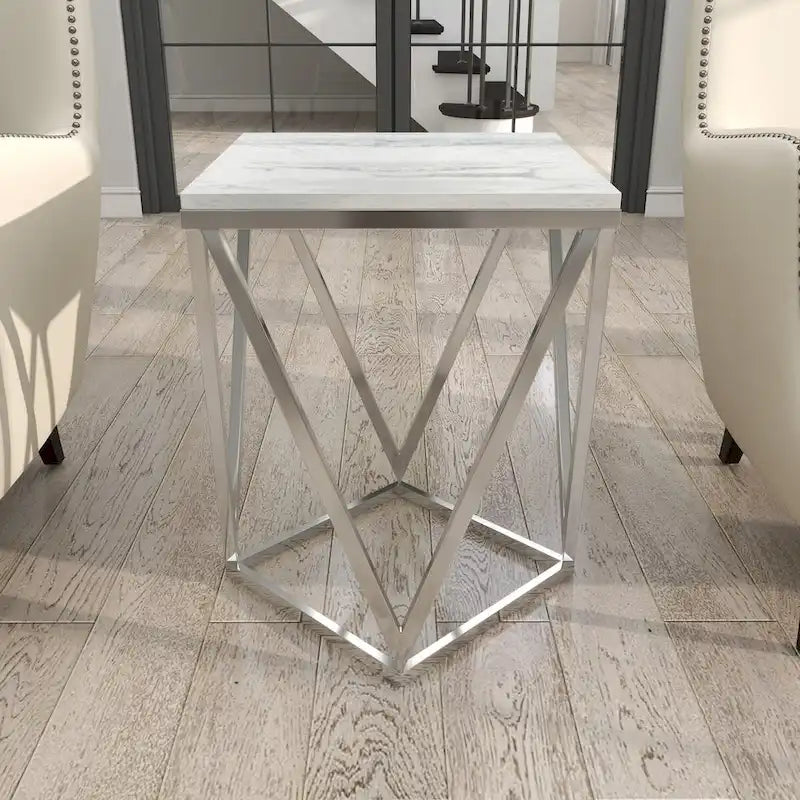 Stainless Steel Metal Side End Accent Table with Marble Top - Silver - Roche River Decor