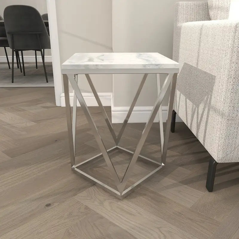 Stainless Steel Metal Side End Accent Table with Marble Top - Silver - Roche River Decor