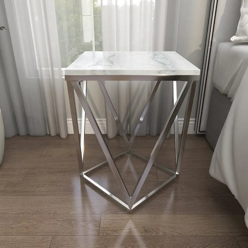 Stainless Steel Metal Side End Accent Table with Marble Top - Silver - Roche River Decor