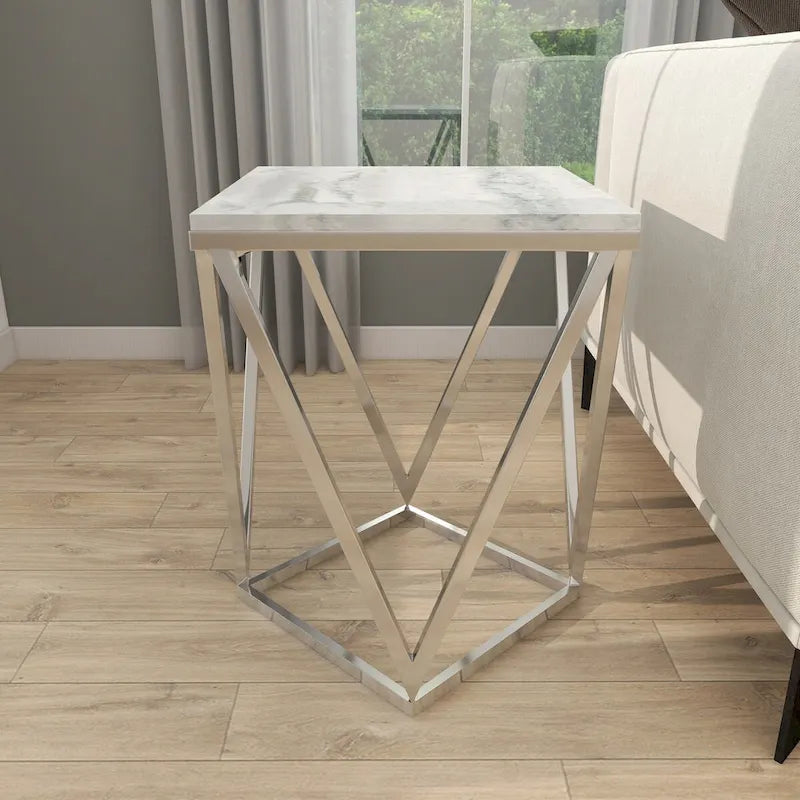 Stainless Steel Metal Side End Accent Table with Marble Top - Silver - Roche River Decor