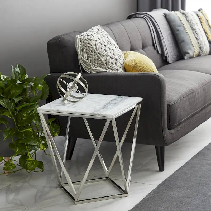 Stainless Steel Metal Side End Accent Table with Marble Top - Silver - Roche River Decor