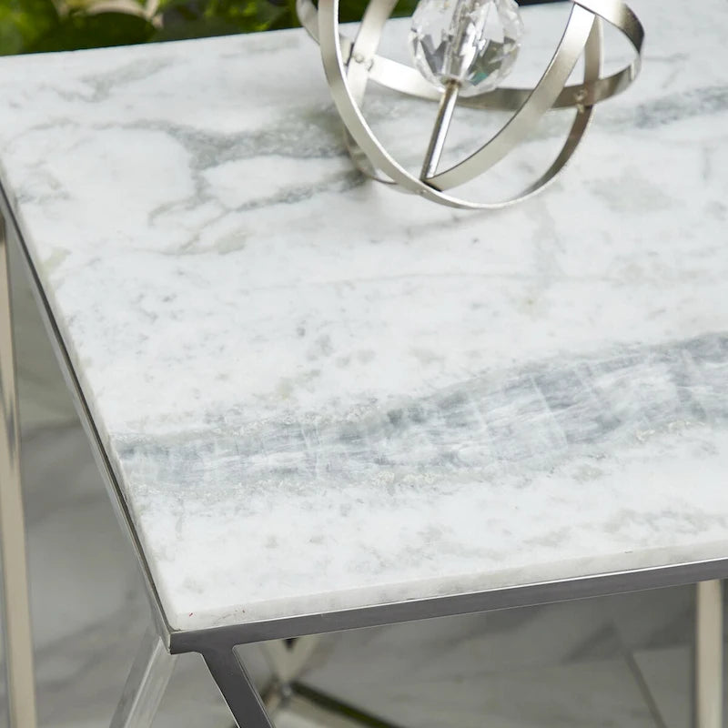 Stainless Steel Metal Side End Accent Table with Marble Top - Silver - Roche River Decor
