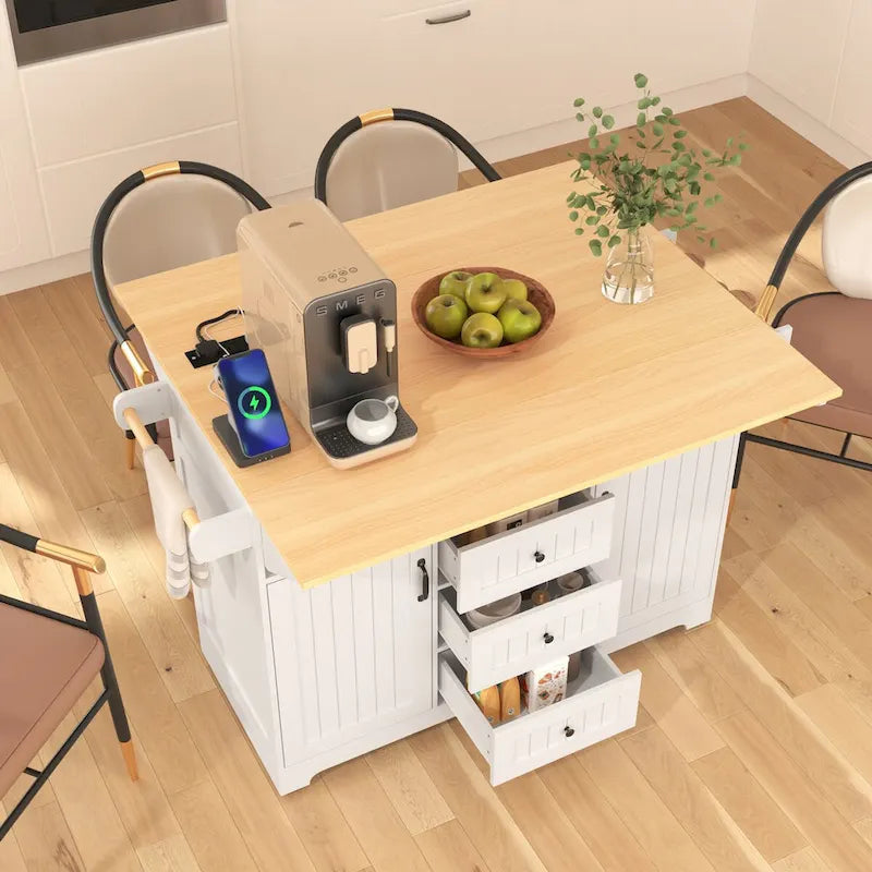 55.7Kitchen Island,2 Drop Leaf,Rolling Kitchen Cart on 5 Wheels,Power Outlet,Folding Dining Table,Spice & Towel Rack,3 Drawers