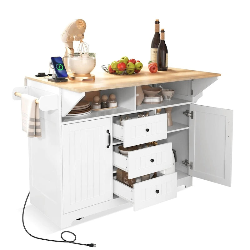 55.7Kitchen Island,2 Drop Leaf,Rolling Kitchen Cart on 5 Wheels,Power Outlet,Folding Dining Table,Spice & Towel Rack,3 Drawers