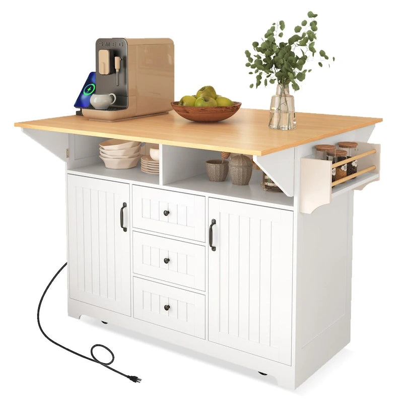 55.7Kitchen Island,2 Drop Leaf,Rolling Kitchen Cart on 5 Wheels,Power Outlet,Folding Dining Table,Spice & Towel Rack,3 Drawers
