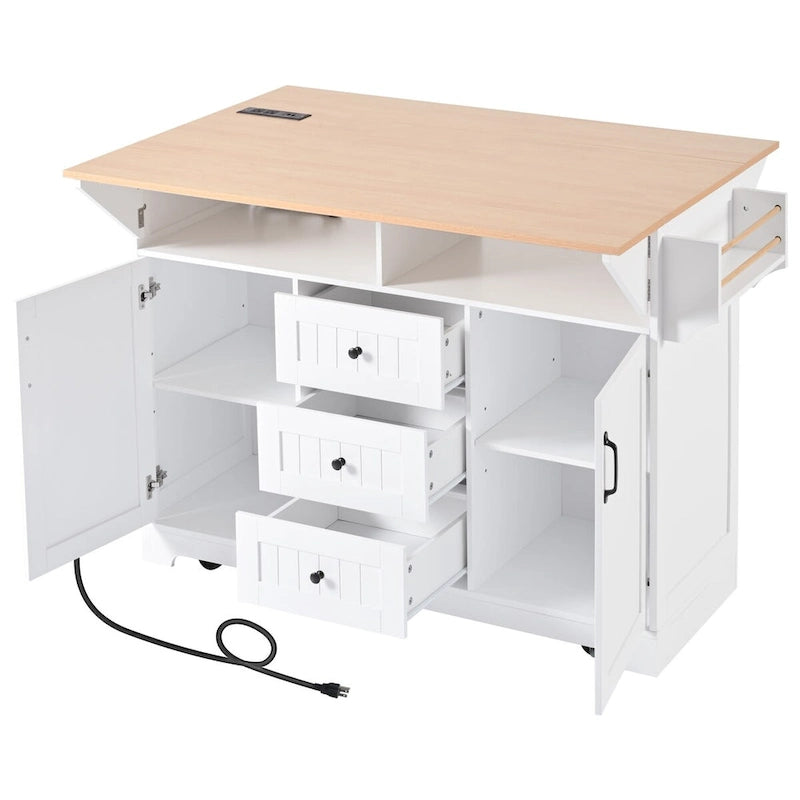 55.7Kitchen Island,2 Drop Leaf,Rolling Kitchen Cart on 5 Wheels,Power Outlet,Folding Dining Table,Spice & Towel Rack,3 Drawers