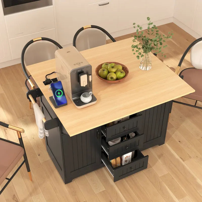 55.7Kitchen Island,2 Drop Leaf,Rolling Kitchen Cart on 5 Wheels,Power Outlet,Folding Dining Table,Spice & Towel Rack,3 Drawers