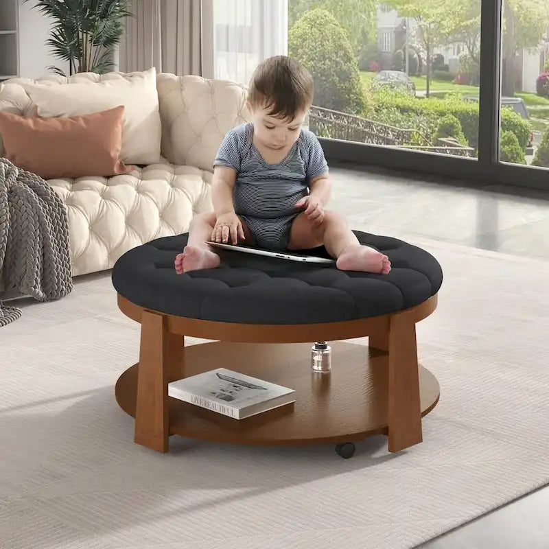Modern Large Round Ottoman Coffee Table 2-Tier Oversized Button Tufted Ottoman with Wood Shelf Storage Upholstered Coffee Table