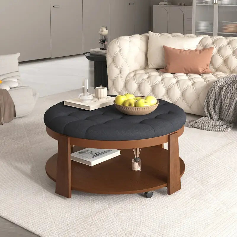 Modern Large Round Ottoman Coffee Table 2-Tier Oversized Button Tufted Ottoman with Wood Shelf Storage Upholstered Coffee Table