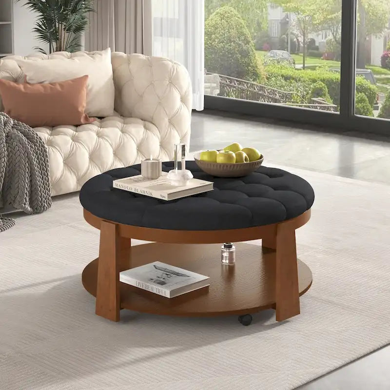 Modern Large Round Ottoman Coffee Table 2-Tier Oversized Button Tufted Ottoman with Wood Shelf Storage Upholstered Coffee Table