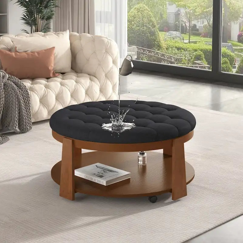 Modern Large Round Ottoman Coffee Table 2-Tier Oversized Button Tufted Ottoman with Wood Shelf Storage Upholstered Coffee Table
