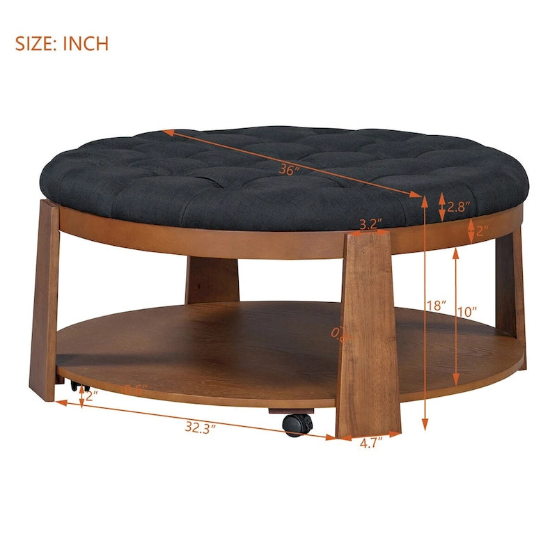 Modern Large Round Ottoman Coffee Table 2-Tier Oversized Button Tufted Ottoman with Wood Shelf Storage Upholstered Coffee Table