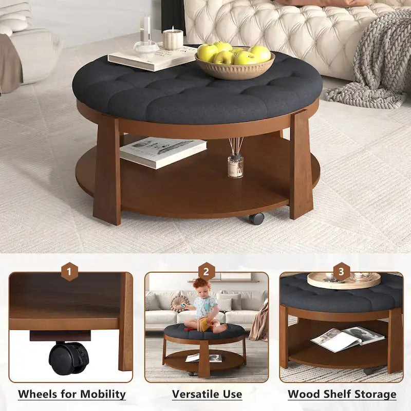 Modern Large Round Ottoman Coffee Table 2-Tier Oversized Button Tufted Ottoman with Wood Shelf Storage Upholstered Coffee Table