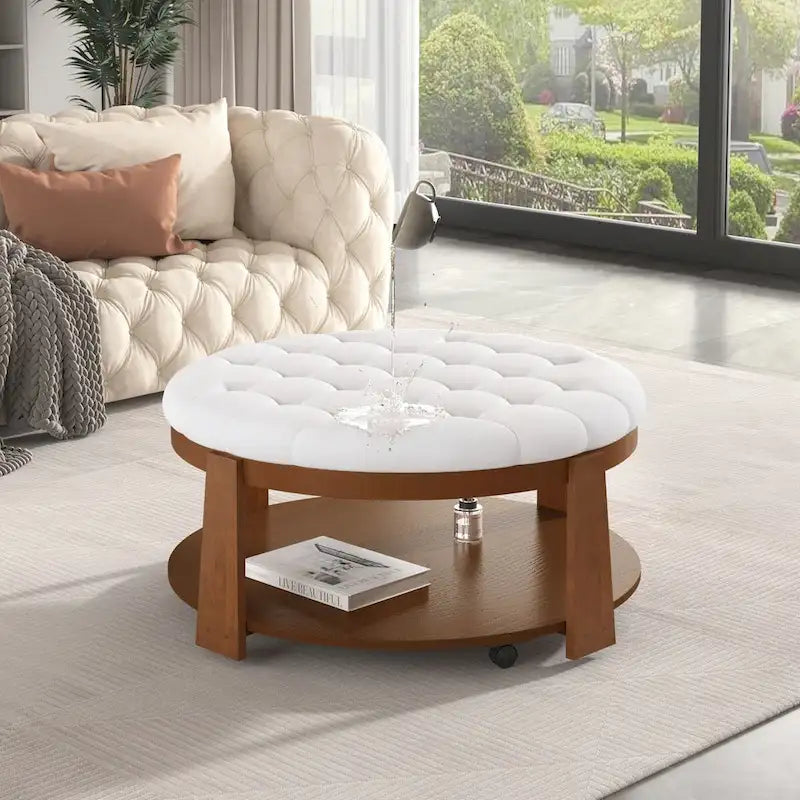 Modern Large Round Ottoman Coffee Table 2-Tier Oversized Button Tufted Ottoman with Wood Shelf Storage Upholstered Coffee Table