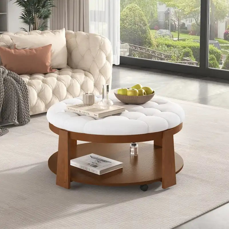 Modern Large Round Ottoman Coffee Table 2-Tier Oversized Button Tufted Ottoman with Wood Shelf Storage Upholstered Coffee Table
