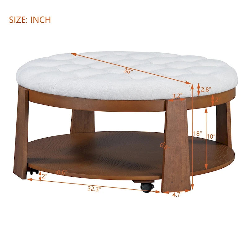 Modern Large Round Ottoman Coffee Table 2-Tier Oversized Button Tufted Ottoman with Wood Shelf Storage Upholstered Coffee Table